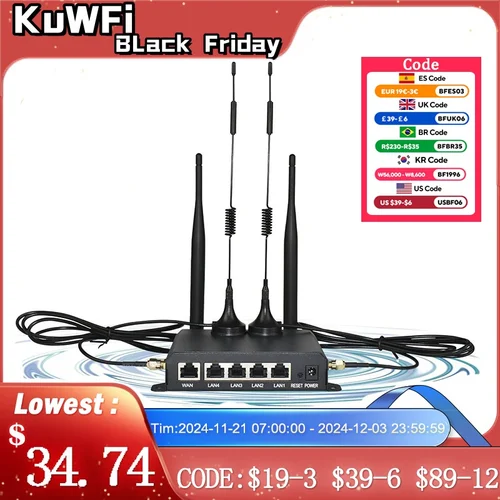 KuWFi 150Mbps 4G LTE 무선 와이파이 라우터, DDNS 방화벽 기능, RJ45 포트 AP 리피터 모드, 벽걸이 외장 안테나 4 개 