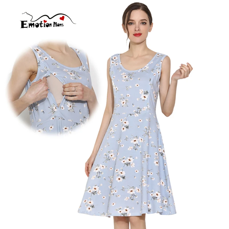 Emotion Moms Summer Maternity Dress Cotton Stretch Floral Breastfeeding Dress Sleeveless Lactation Dress S-3XL