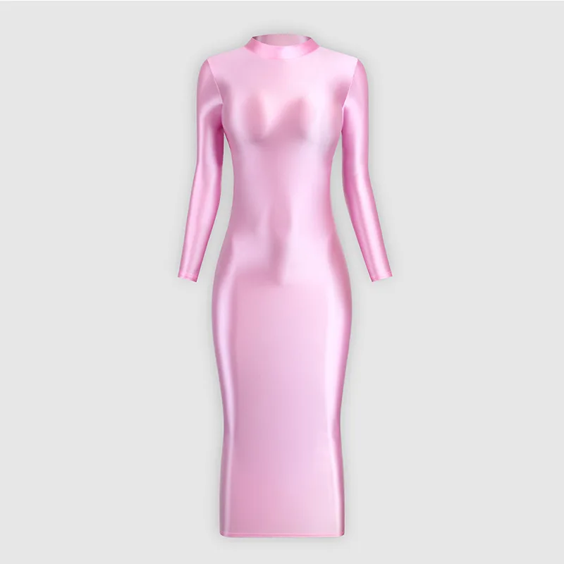 

Женский глянцевый блестящий сексуальный комбинезон, эластичное шелковое гладкое платье с высоким воротником и длинным рукавом, Одежда для танцев, костюм для ночного клуба, вечеринки