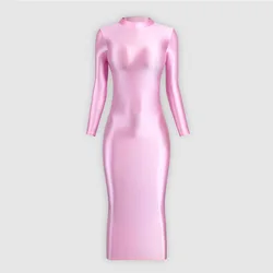 Women Glossy Shiny Buttocks Sexy Jumpsuit Elastic Silk Smooth Dress High Neck Long Sleeve Dancewear Night Club Party Costume