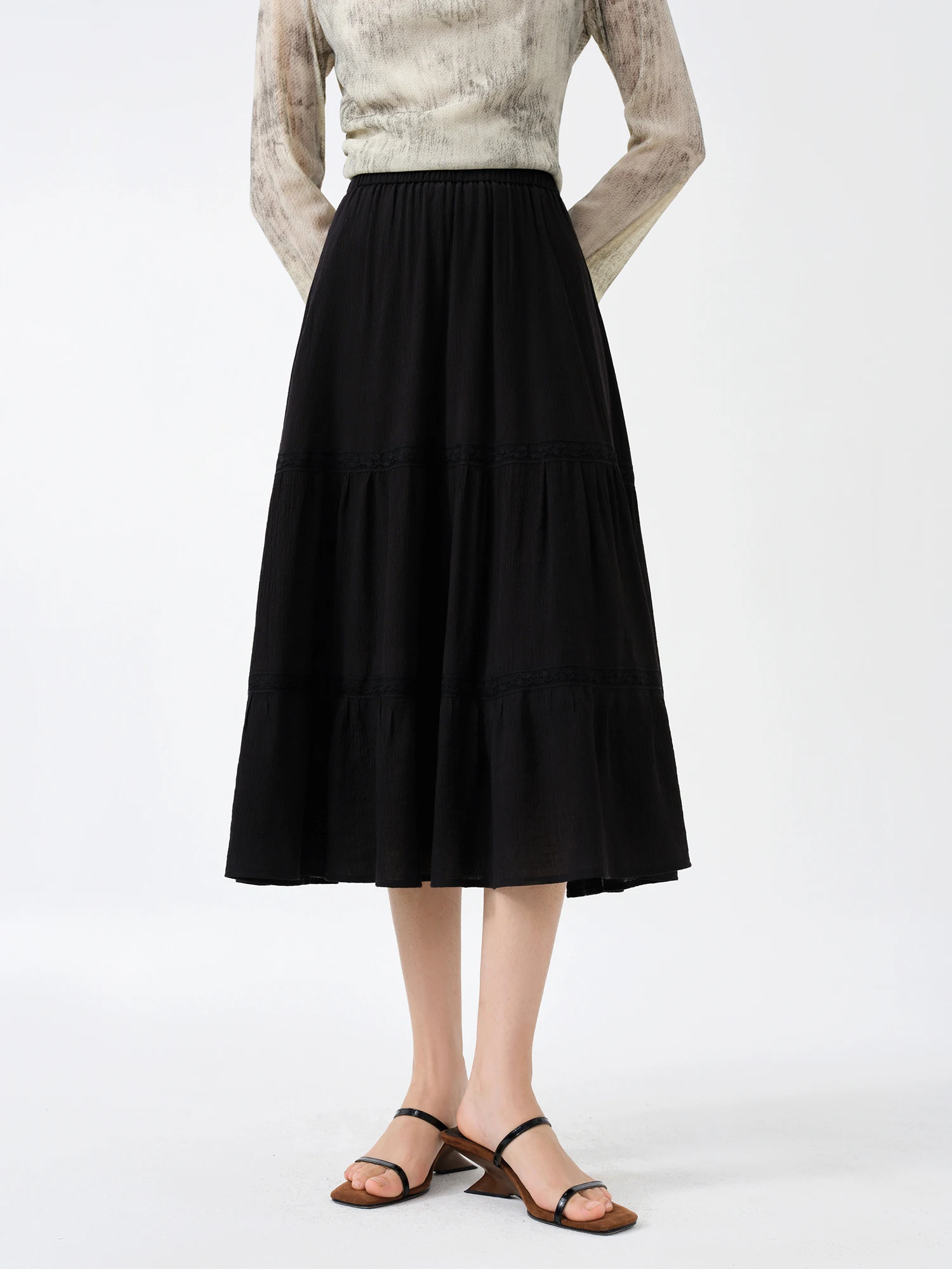 DUSHU【2 Colors】High Waist Drape Women White Cake Skirts Elastic Waist Black A-LINE Commuter Black Autumn Skirt 24DS83127