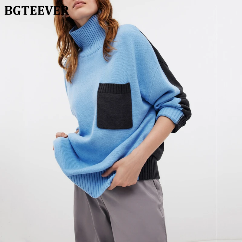 

BGTEEVER Autumn Winter Ladies Patchwork Knitted Sweaters Warm Loose Female Turtleneck Pullovers