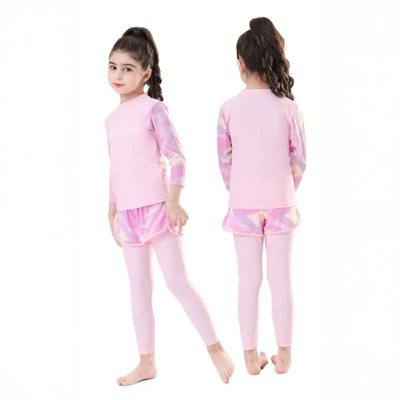 

Children Girls Swimming Set Three Piece Long Sleeve Swim Skirt And Surf Pant Set Sunscreen UV Protection Beachwear Bathing Suit