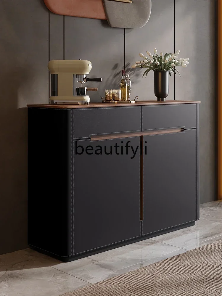 

Medieval style dining side cabinet retro saddle leather porch storage cabinet solid wood high