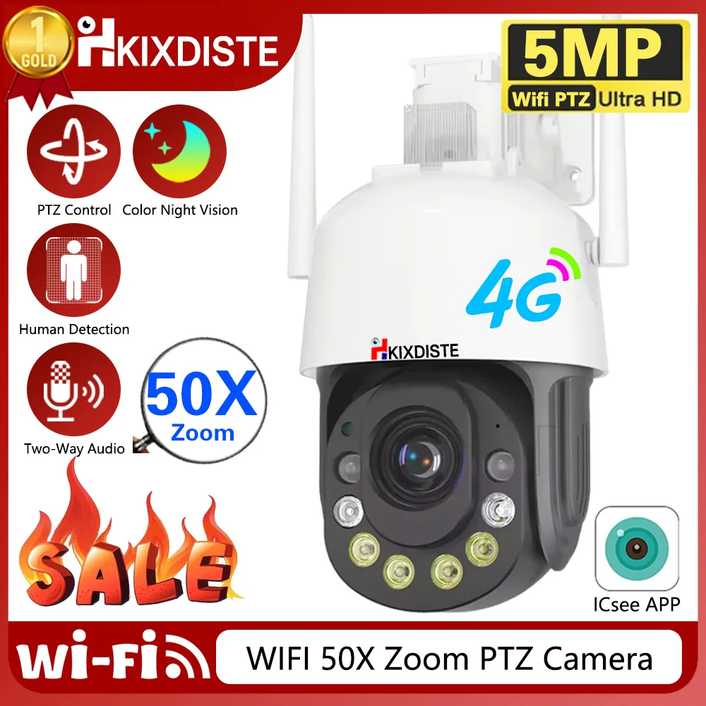 

Wifi 4G ICsee 50X Optical PTZ Zoom Security Surveillance Camera Outdoor 5MP CCTV PTZ IP 150-200M Night Vision Camera With 4K NVR