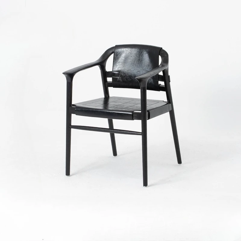 

Medieval ash saddle leather dining chair armchair retro high-end black solid wood tea chair