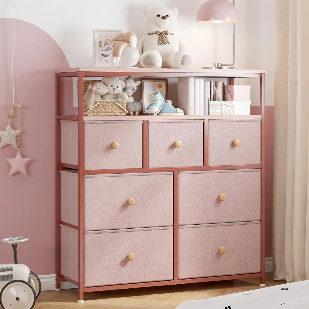 

Pink Dresser, Dresser for Bedroom with 7 Drawers and Open Shelves, Dresser for Living Room, Closet, Entryway