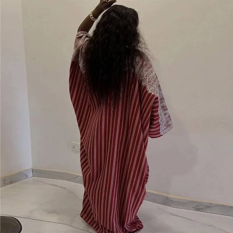 New Design Striped Women Dress Fashion Lace Patchwork Long Sleeve V Neck Loose Women Dress Robe
