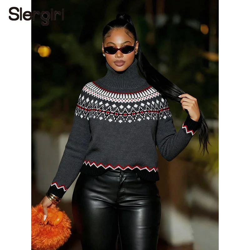 Slergiri Vinatge Turtleneck Jacquard Sweater Women Fashion New 2026 Autumn Winter Ethnic Style Long Sleeve Knitted Pullovers Top