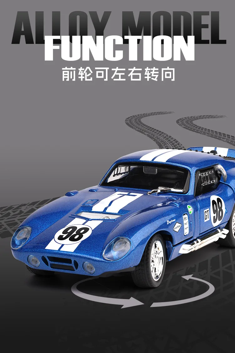 1:32 Cobra Alloy Roadster Model Pull Back Sound and Light Retro Car Model Tabletop Ornament Boy Toy Diecast Alloy Car Model