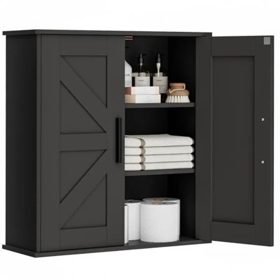 

Bathroom Wall Cabinet, Over Toilet Storage Cabinet with Barn Doors and Adjustable Shelves, 3-Tier Medicine Cabinet Wall Mounted