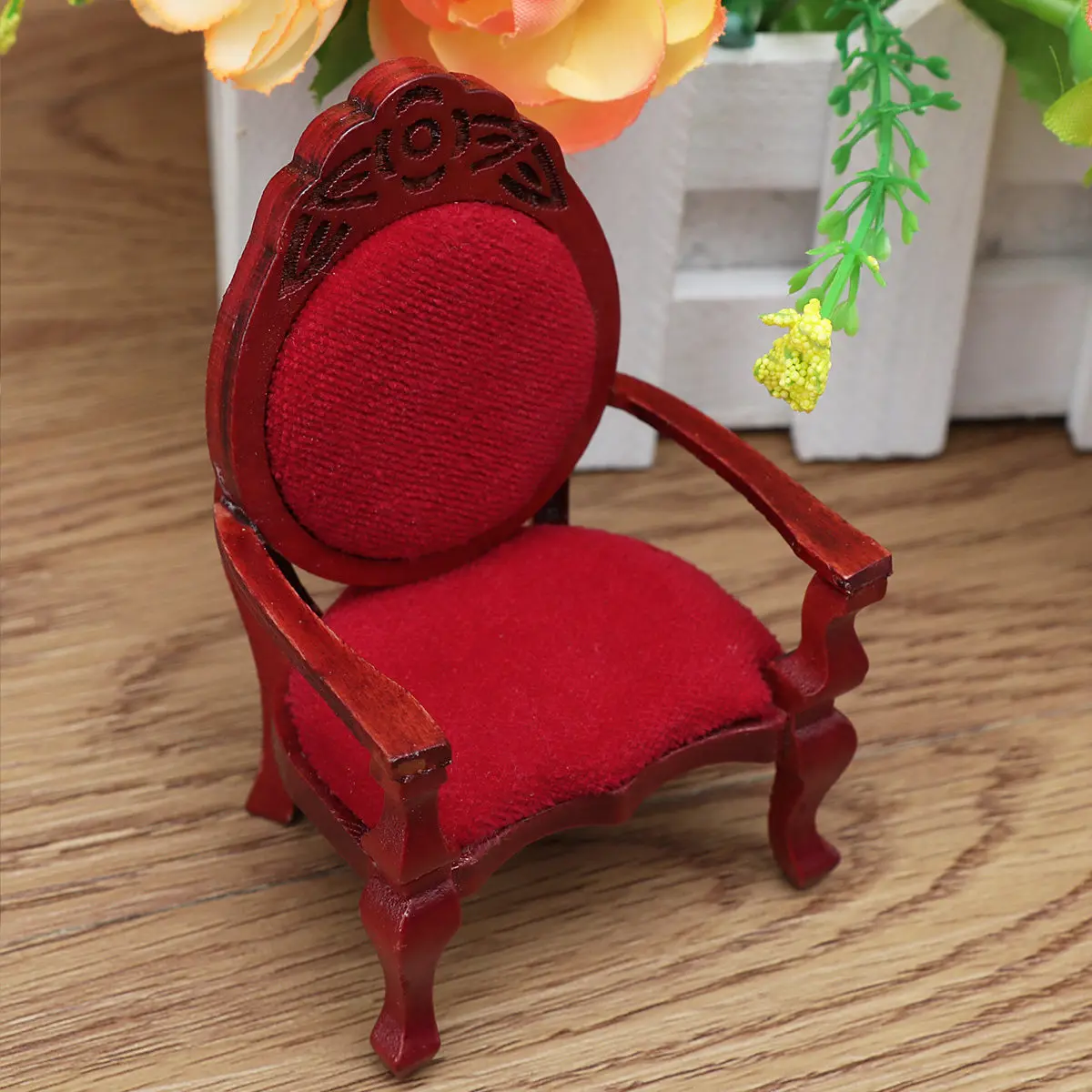 

Mini House Chair Carved Red Wood Lightweight Decorative Furniture Piece for Kid Room Decor Miniature Living Room Ornament