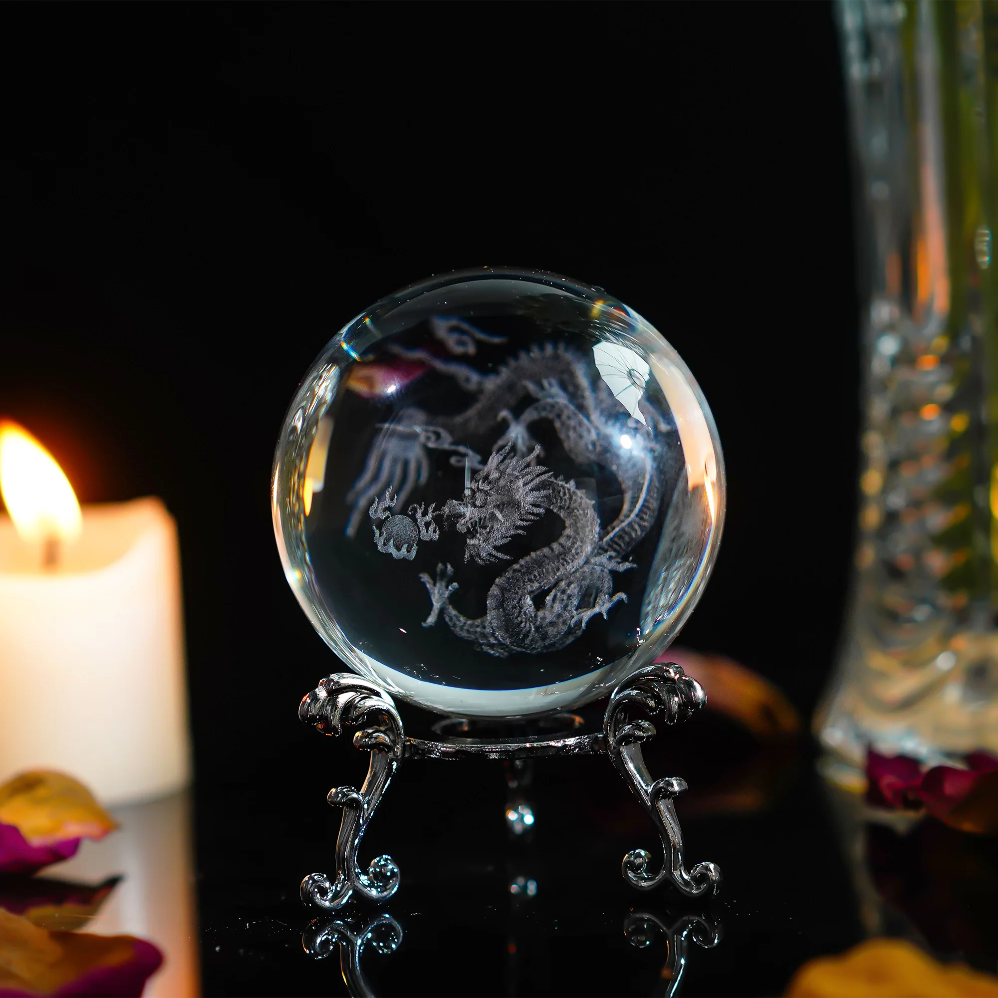 H&D  2.4 inch (60mm) Chinese Dragon Crystal Ball with Sliver-Plated Flowering Stand,Fengshui Glass Loong Ball Home Decoration