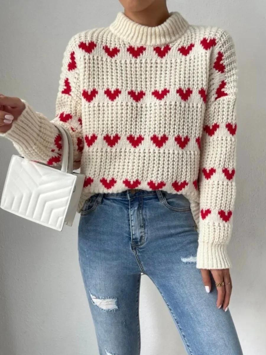 Women Red Heart Printed Sweater Knitted Jumper Top Long Sleeve Turtleneck Fashion Loose Casual Sweaters