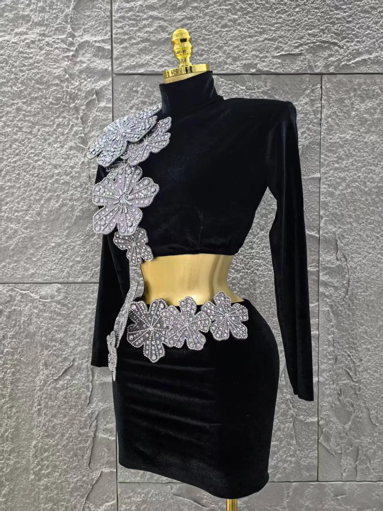 Minimalist Women Long Sleeves Bandage Two Piece Sets Turtleneck Shiny Diamonds Flower Top Bodycon Mini Skirts Suits Evening Club