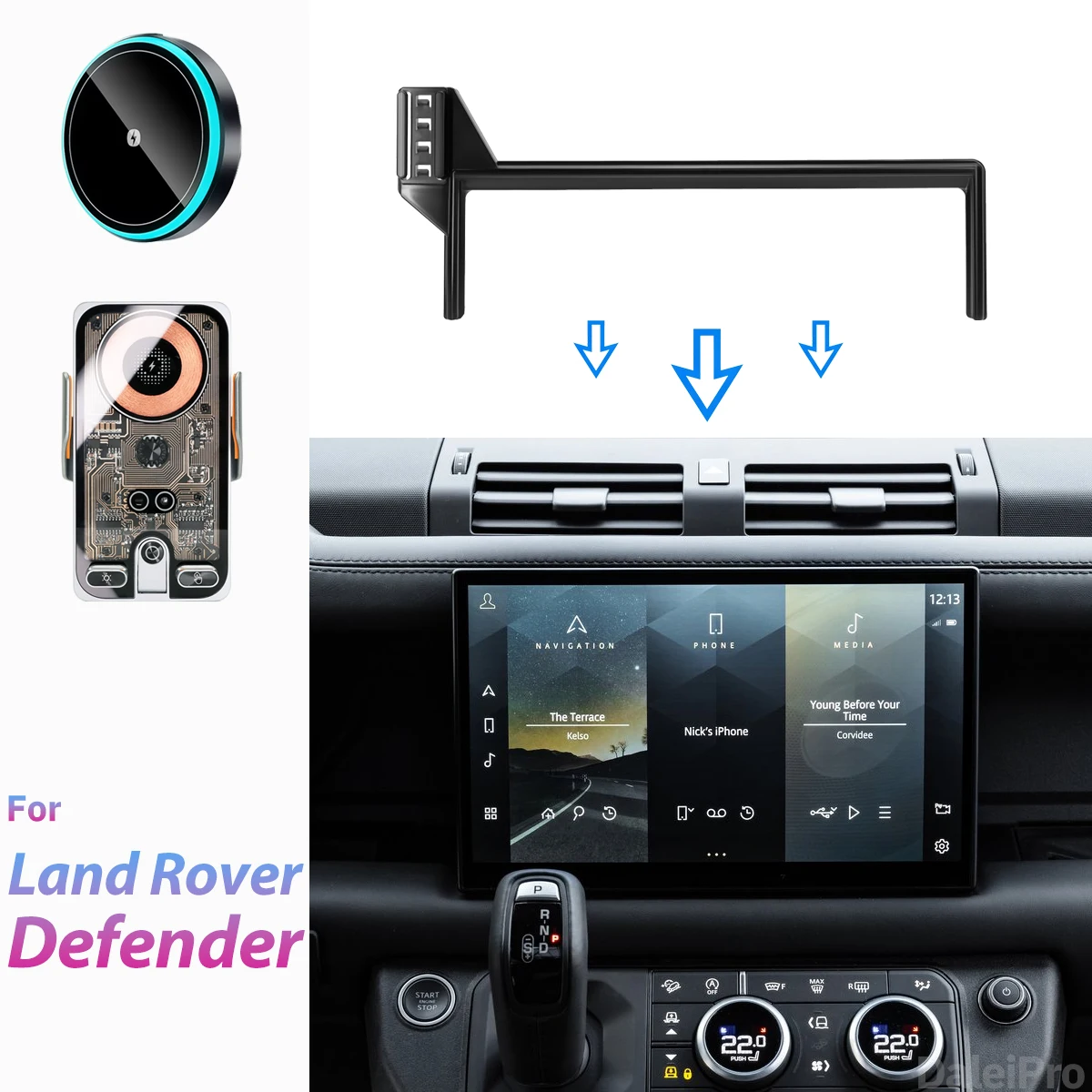 Für Land Rover Defender 90 110 130 2022-2026 Auto-Handyhalterung Bildschirm-Fixierclip Kabelloses Ladegerät Maßgefertigte Handy-Bildschirmhalterung – Detail 1