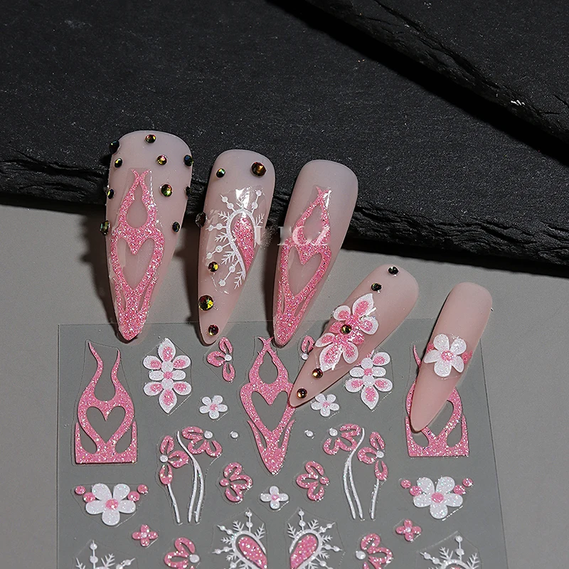 5 Vellen Glitter Nagelstickers Roze Wit Reflecterende Franse Tips Vlamvlinder Nagel Emblemen Ontwerp Bloemen Manicure Sliders