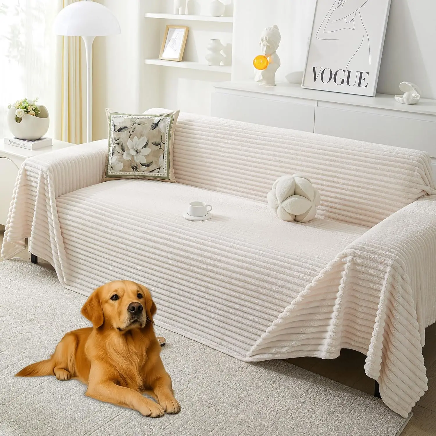 

Faux Fur Couch Cover for 3 Cushion Sofa, Soft Non Slip Pet Friendly Washable Furniture Protector, Off White 91"x150"