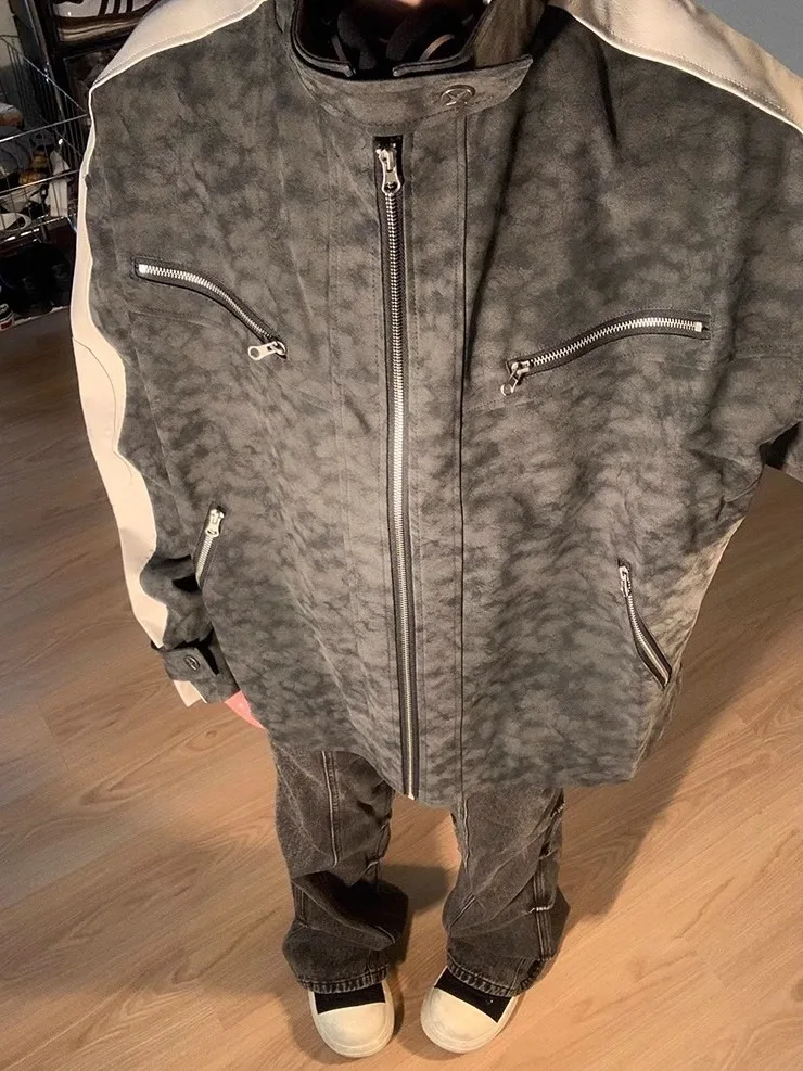 

Ретро американский байкерский джет, мужская и женская уличная одежда, модное пальто из искусственной кожи с воротником-стойкой и текстурой