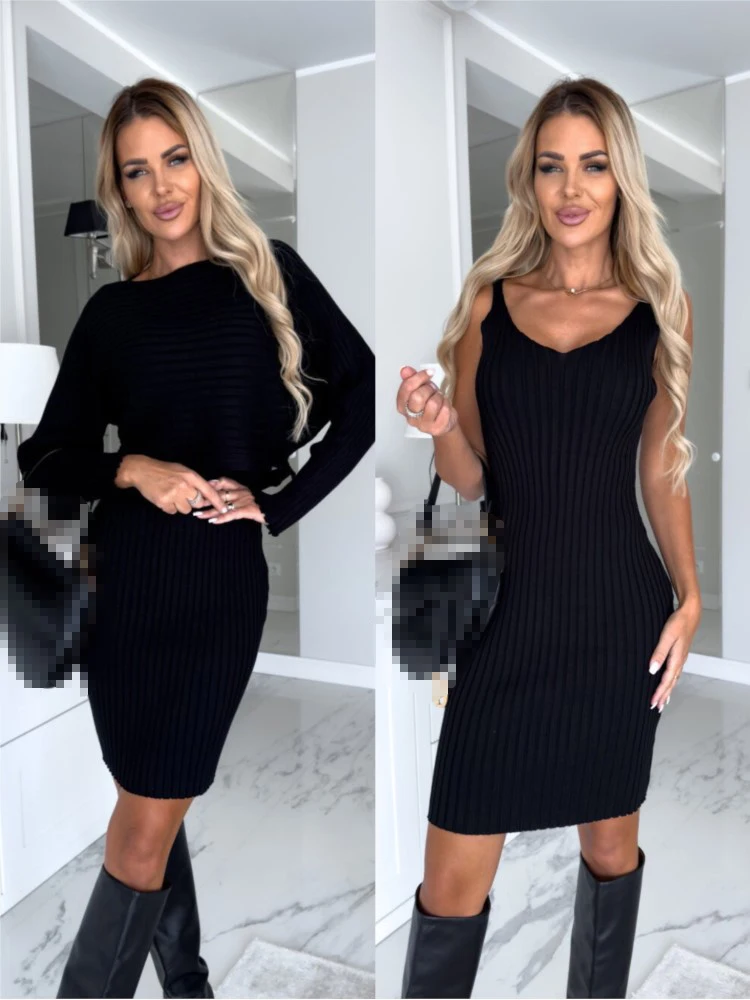 Autumn Winter Fashion Slim Solid Two Piece Sets Women\'s Long Sleeve Pullover Top & Knitted Pit Stripe Sleeveless Dress Outfits