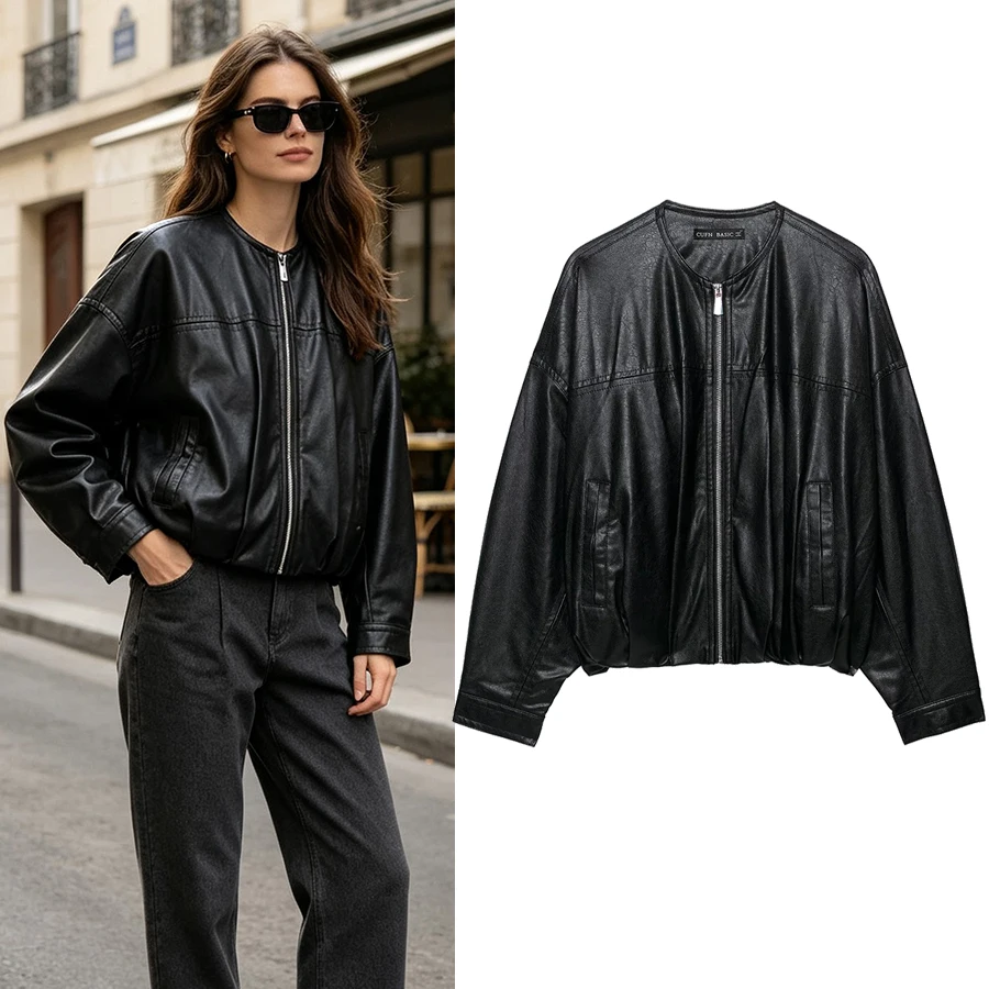 Women Fall Faux Leather Cropped Black Jacket Women Zip Up Long Sleeve Elastic Hem Loose Fit Biker Coat Streetwear Lady Outerwear
