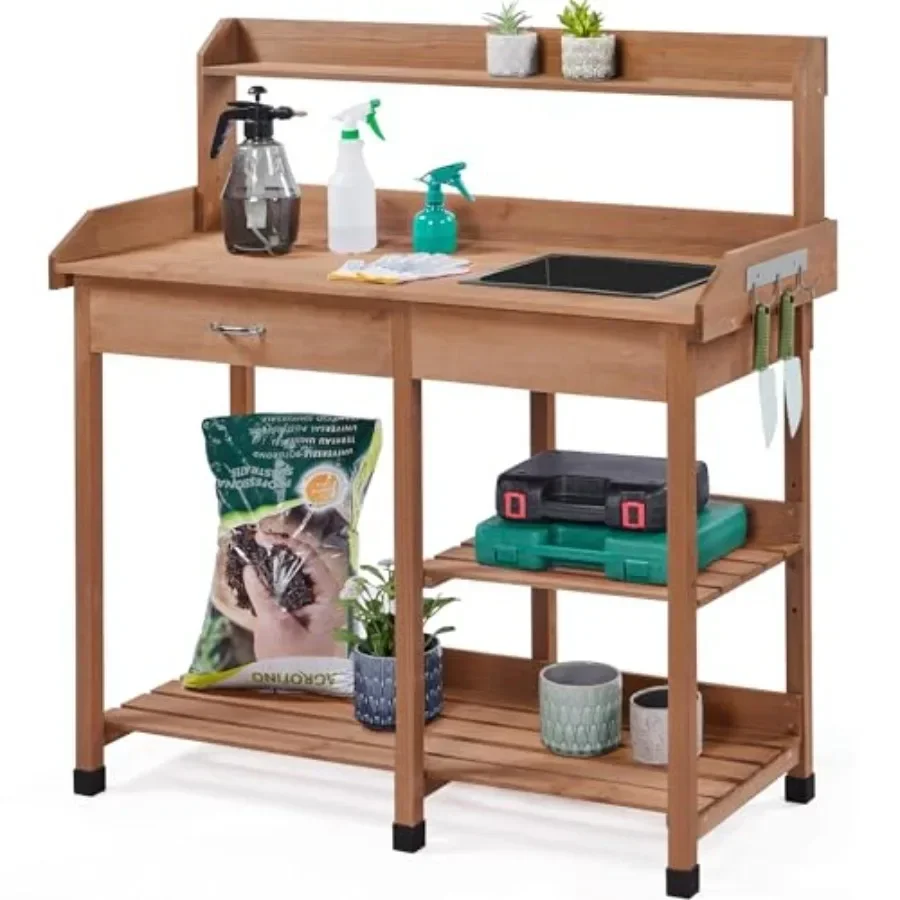 Outdoor gardening table with sink and drawer, powder-coated steel, sage green, rust-resistant and spacious storage