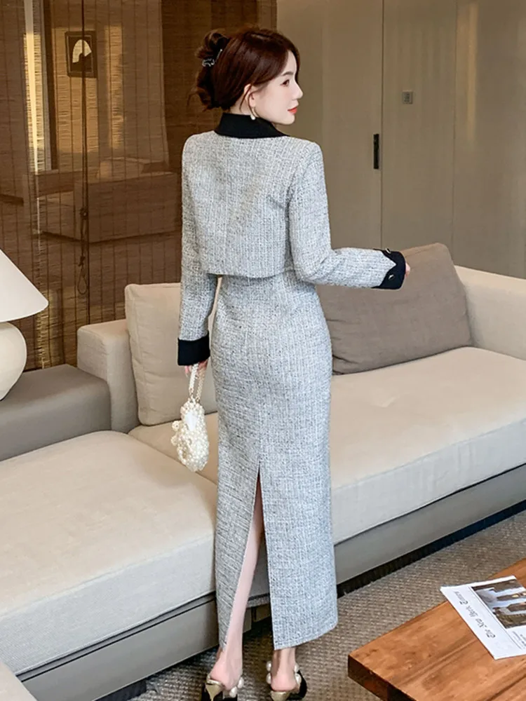 French Small Fragrance Tweed 2 Piece Sets Women Outfit Bow Jacket Coat + Long Skirt Two Piece Set Conjuntos Femininos Elegantes