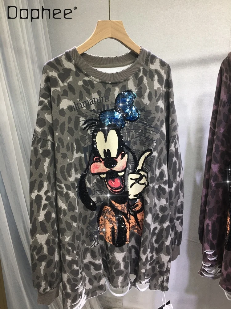 

Heavy Industry Sequined Sweatshirts Women Beads Cute Cartoon Leopard Print Loose Mid Length Oversized Top Autumn and Winter