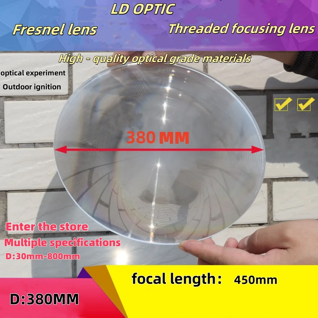 380MM diameter optical grade plastic PMMA Fresnel lens. Solar focusing threaded lens. For ignition, lighting and magnification