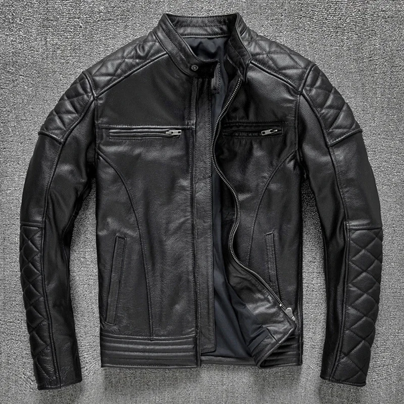 Motorcycle Genuine Leather Jacket for Men Style Biker Jackets Slim 100% Pure Cowhide Spring Coat Black Short Asian Size 5XL