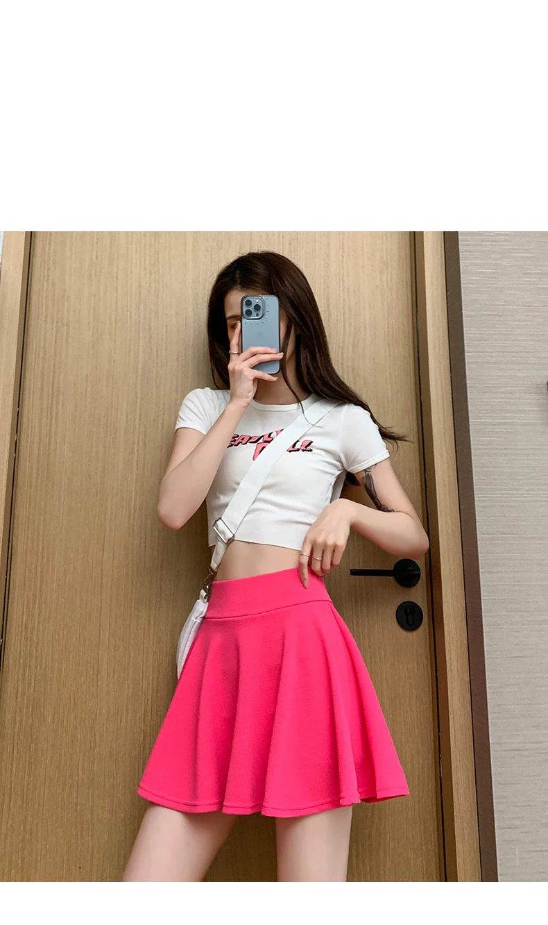 Summer Basic Skirts Women Shorts Mini Elastic Pleated Skirts High Waist Bubble Sun Skirts School Girl Uniform Lined Safety Pants