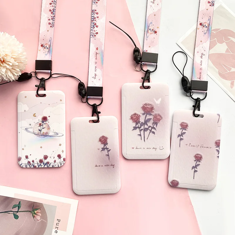 1 Pcs Pink Rose Flower Card Holder Campus Student ID Card Access Control Card Protective Sleeve ABS Plastic Card Cover