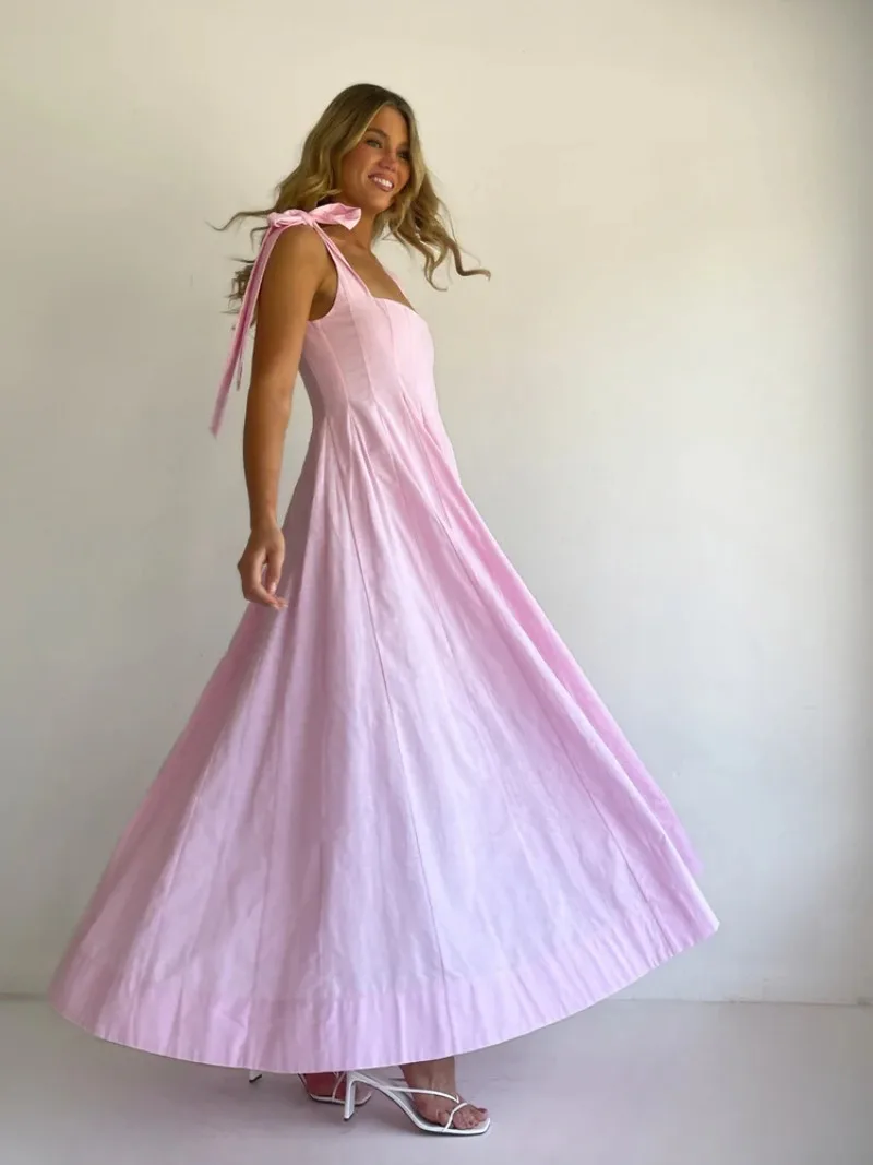Elegantes Maxikleid für Damen mit Trägern und Schleife, Hochzeitsgast-Brautjungfernkleid, fließendes A-Linien-Kleid, einfarbiges Sommer-Strandkleid für den Urlaub – Detail 22