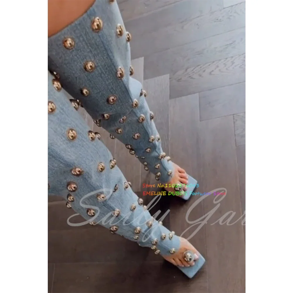 

Gold Metal Rivets Embellishment High Heel Boot Women Denim Square Toe Stiletto Heel Back Zipper Flip Flops Thigh boots