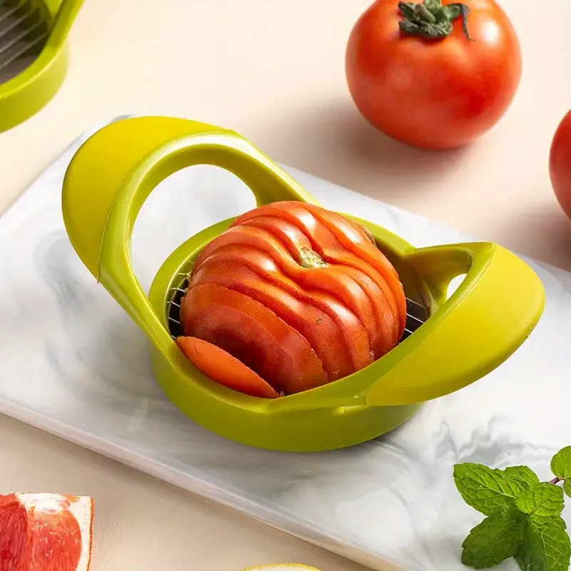 Rebanador de tomate de acero inoxidable, cortador Manual de frutas y verduras de cocina multifuncional con mango verde, diseño de fácil agarre