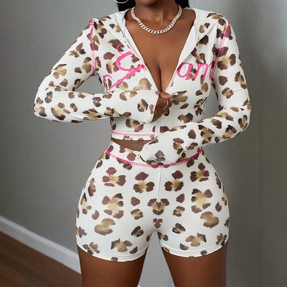

Mia Muse Select Women's Sets Autumn Wild Chic Skinny Fit Full Print Zipper Open Front Long Sleeve Hooded High Waist Shorts Sets
