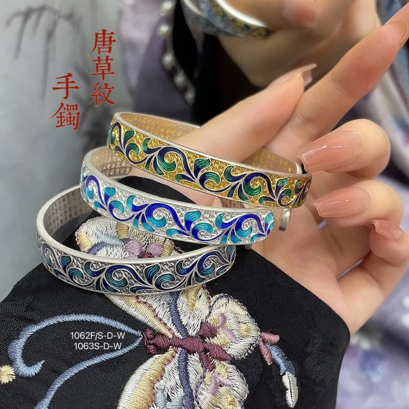 

999.9 Enamel Tangcao Pattern Heart Sutra Bottom Matching Sterling Silver Bracelet New Style