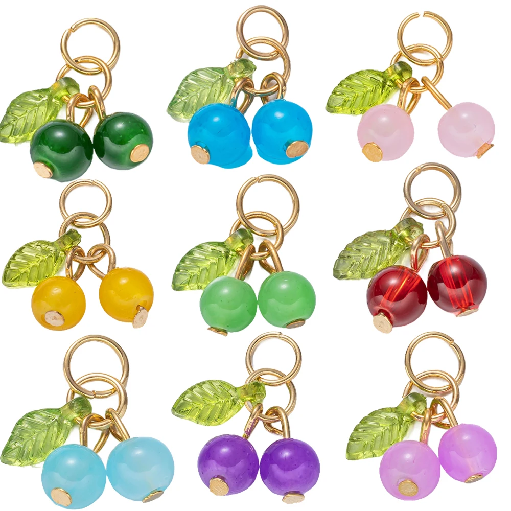 10pcs Red Glass 3D Cherry Fruit Charms with Acrylic Leaf Cherry Pendants for DIY Bracelets Necklaces Keychains Craft Accessories
