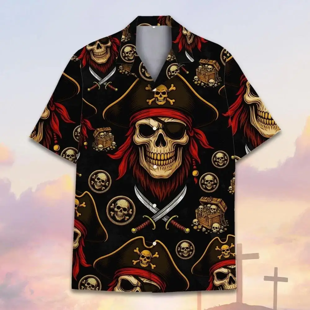 

Fashion Skull Halloween Print Men's Shirt Street Trend Harajuku Lapel Top Hip Hop Punk Style Oversized Casual Short Sleeve