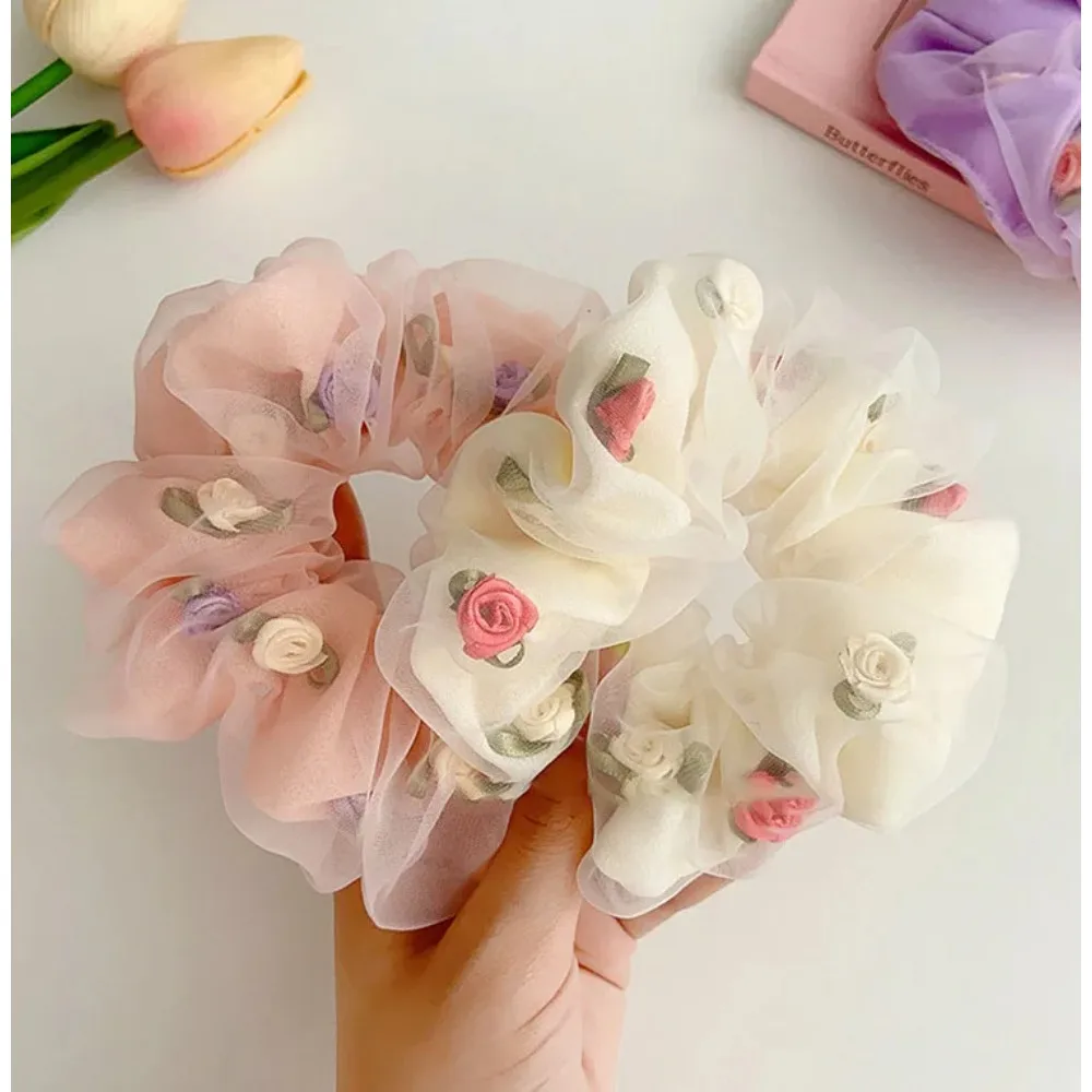 

French Romantic Rose Blossom Double Layer Hair Rope Hair Bands For Girls Mesh Large Intestine Hair Ties Rope Women Hair Ornament