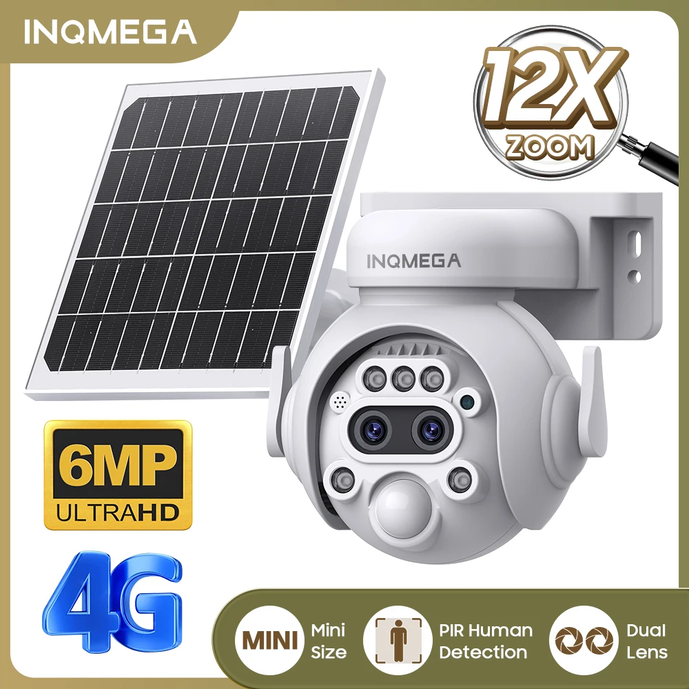 

INQMEGA 6MP 12X wifi solar powered camera 4G Sim outdoor wireless surveillance camera security protection PTZ camera 78000mAh