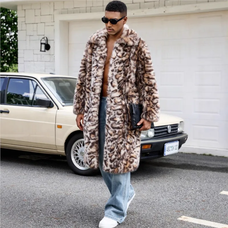 

Winter Thicken Warm Jackets Coats Retro Mens Fur Fluffy Long Coats Jacket Outerwear Faux Fur Brown Leopard Loose Jacket Tops