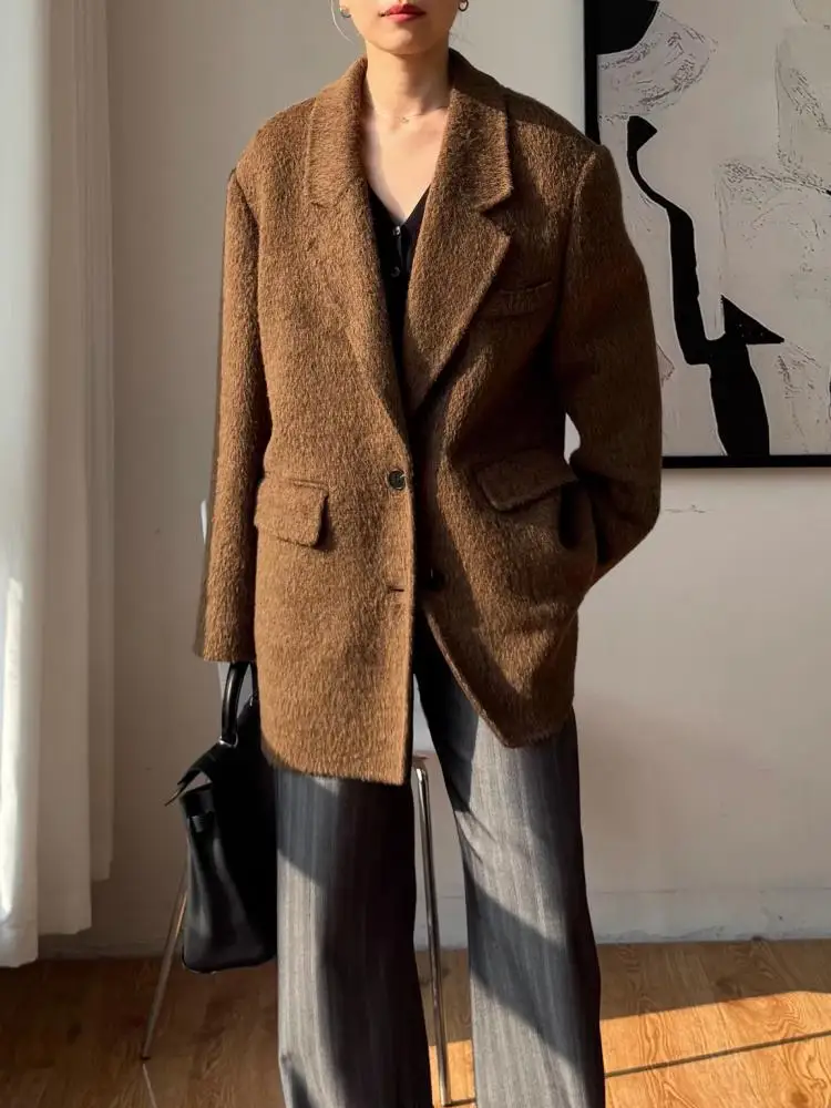 

Office Lady Alpaca Woolen Suit Jackets 2025 Autumn And Winter High-End Short Single Breasted Loose Thicker Women's Wool Coats