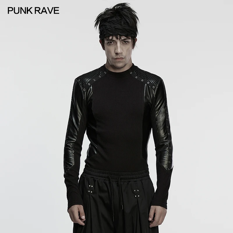 PUNK RAVE Men's Cyberpunk Different Fabrics Splicing Long Sleeve T-shirt Gothic Cool Handsome Metal Eyelet Webbings Tops