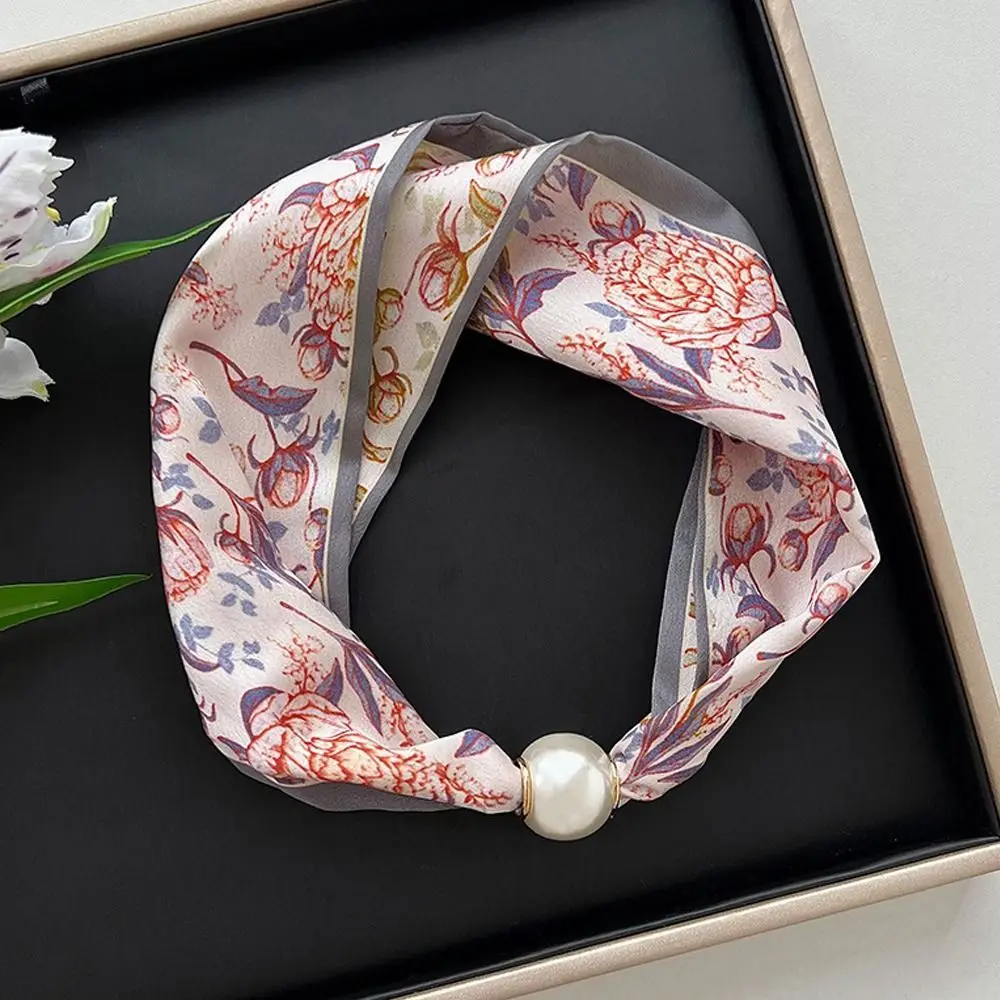Fashion Magnetic Clasp Pearl Silk Scarf Thin Soft Neck Scarf Lightweight Cashew Flower Neck Wrap for Women