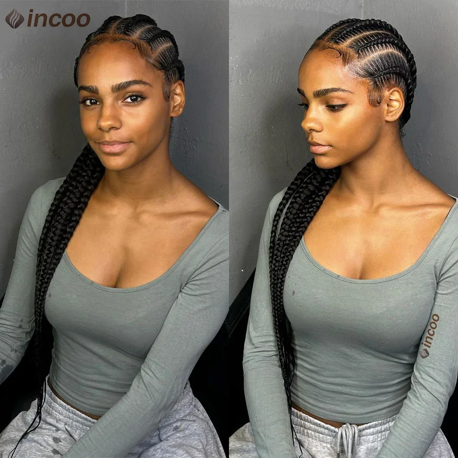 36'' Synthetic Twisted Cornrows Braided Lace Front Wig Locs Goddess Knotless Box Braids With Baby Hair Handmade Full Lace Braids