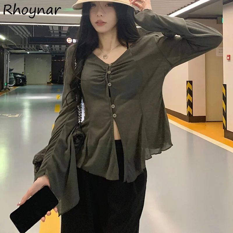 Flare Sleeve Shirts Women Summer Sexy Spicy Girls Thin Sunscreen Solid Single Breasted V-neck Design Korean Style All-match Chic