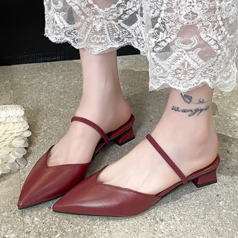 Women's Pointed Toe Mid Heels Slippers Elegant Sandals Casual Fashion Slides New Trend Mules Dress Woman Pumps Flip Flops