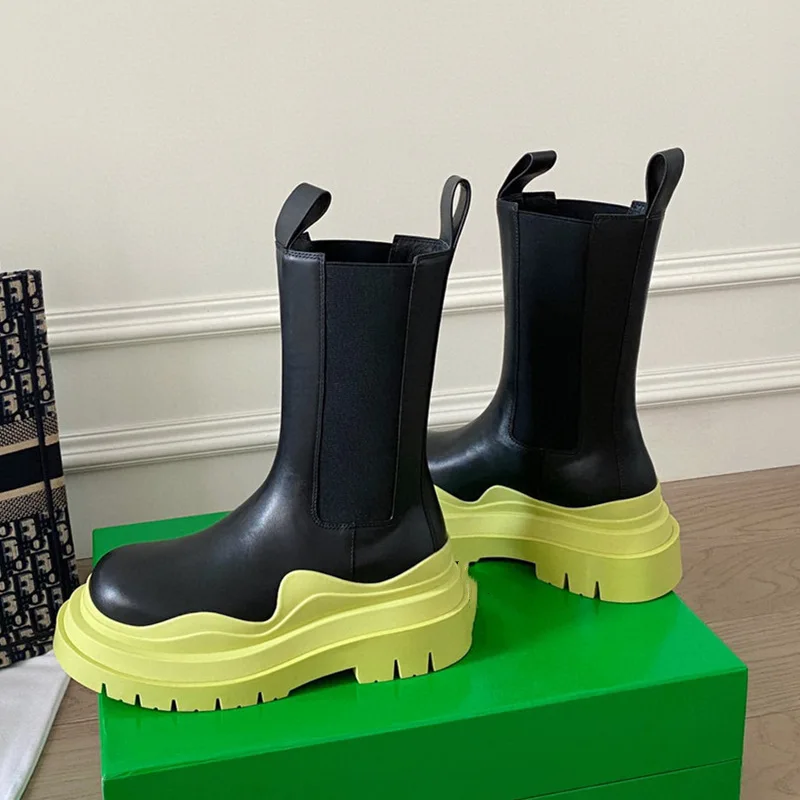 2025 novas botas chelsea mulheres/homens casal modelos plataforma meados botas dedo do pé redondo deslizamento em botas de chuva moda couro sapatos