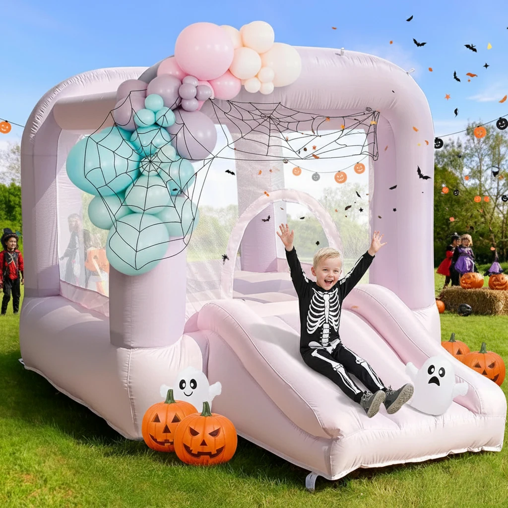 Maison de rebond rose avec souffleur, château gonflable avec toboggan pour fêtes intérieures/extérieures pour enfants/enfants en bas âge